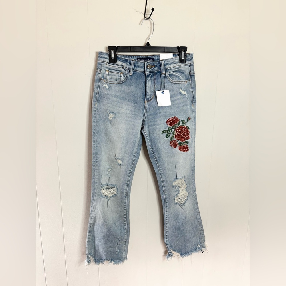 Zara Blue Cropped Jeans with Red Floral Embroidery
